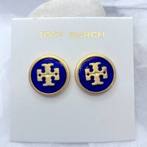 NWOT Tory Burch Gold Logo Dark Blue Medallion Stud Earrings